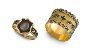 A late George IV/early Victorian onyx, enamel and 18ct gold Memento Mori ring, maker's initials J.L, London 1837