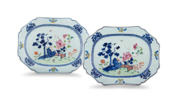 A near pair of Chinese blue and white ‘famille-rose’ dishes, Qing Dynasty, 18th century
