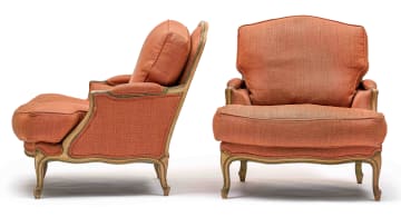 A pair of Louis XVI style painted and upholstered armchairs, modern