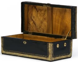 A Chinese export leather and brass-bound camphorwood chest, 19th century