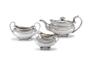 An assembled George IV silver three-piece tea service, Charles Fox II, London, 1821-1826
