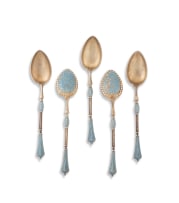 Five David Andersen Christiania turquoise and white enamel silver-gilt coffee spoons, late 19th century