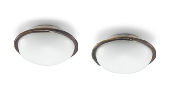 A pair of two-light murano-glass white and brown Saturn dishes