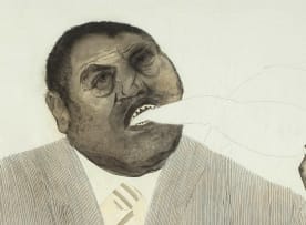 Stephen Allwright; Man in Blue Suit Eating a Line Drawing of a Woman