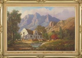 Gabriel de Jongh; Cape Dutch Cottage, Mountains Beyond