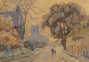 Sydney Carter; Street lined with Trees and Buildings