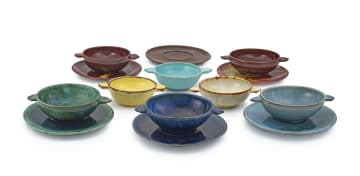 An assembled set of five Linn Ware glazed coupe soup bowls and stands