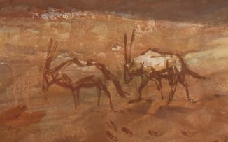 Fritz Krampe; A Pair of Oryx in a Mountainous Landscape, Namibia