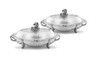 A pair of Victorian silver entrée dishes and covers, The Barnards, London, 1849, retailed by Widdowson & Veale, Strand