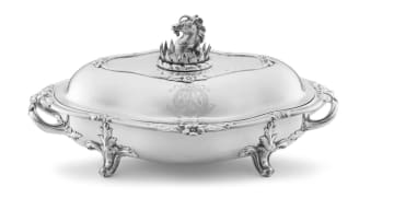 A pair of Victorian silver entrée dishes and covers, The Barnards, London, 1849, retailed by Widdowson & Veale, Strand
