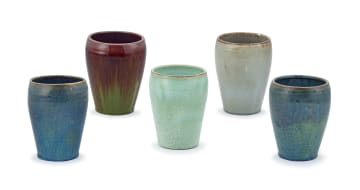 Five Linn Ware glazed beakers