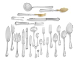 An assembled set of Christofle 'Crossed ribbons' pattern silver-plate flatware, various dates, late 19th/early 20th century