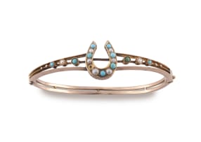 Victorian turquoise and pearl 9ct gold bangle