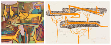 Walter Battiss; Yellow Afternoon; Figures on Mopani Trees, two
