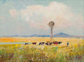 Christopher Tugwell; Landscape with Windmill and Cattle