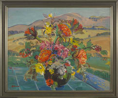 Alice Tennant; Flowers in a Black Vase, Landscape Beyond
