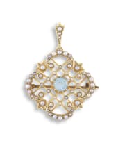 Edwardian seed pearl and aquamarine 15ct gold pendant/brooch