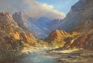 Gabriel de Jongh; Mountainous Landscape near River, (Storm (sic) River, CP)