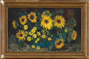 Frans Oerder; Sunflowers in a Blue Vase