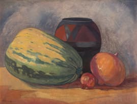 Jacob Hendrik Pierneef; Still Life with Gourds, a Pomegranate and an African Clay Pot