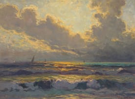 Jeno Karpathy; Sailing Boats at Sunset
