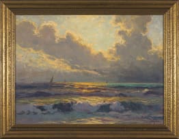 Jeno Karpathy; Sailing Boats at Sunset
