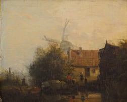 Dutch School, 19th century; Dutch Landscape with Cottage and Windmill