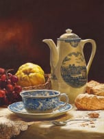 Douw van Heerden; A Blue and White Coffee Pot and Quince
