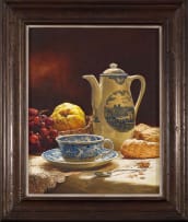 Douw van Heerden; A Blue and White Coffee Pot and Quince