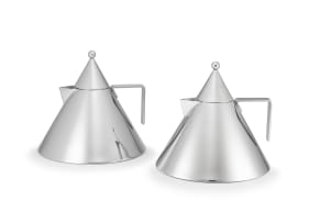 A pair of Alessi 'Il Conico' stainless steel teapots designed by Aldo Rossi in 1986, later edition