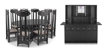 A set of eight black stained chairs and dining table designed by Charles Rennie Mackintosh, later edition