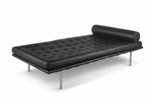 A black leather and chrome Barcelona day bed designed in the 1960s by Ludwig Mies van der Rohe, later edition