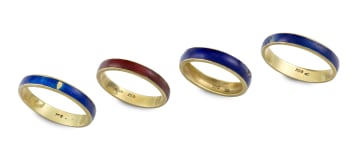 Four enamel and 18ct yellow gold rings