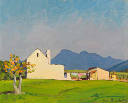 Piet van Heerden; Farmhouse in a Mountainous Landscape