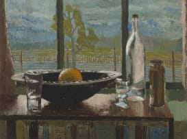 Larry Scully; Still Life with Orange, Glasses and Bottles