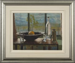 Larry Scully; Still Life with Orange, Glasses and Bottles
