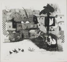 Pieter van der Westhuizen; Village Scene with Figure Holding a Menora