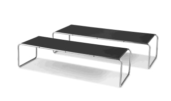 A pair of black lacquer and chrome Laccio tables designed in 1925 by Marcel Breuer, Gavina, 1960s