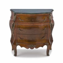 A French mahogany and walnut gilt-metal-mounted marble-topped commode