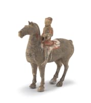 A Chinese painted pottery equestrian figure, Han Dynasty, 206 BC - 220 AD