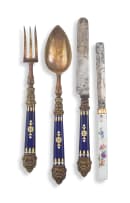 A French porcelain and silver-gilt mounted fork, knife and spoon fruit set, maker's initials LB, Paris, 1819