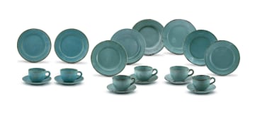 A set of two Linn Ware turquoise-glazed cake plates, breakfast cups and saucers