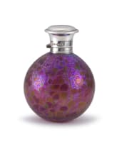 An Isle of Wight iridescent purple glass and silver-mounted perfume bottle, possibly Timothy Harris, WW, with import marks for London, 1961, .925 sterling
