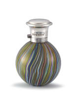 An Isle of Wight iridescent purple and green striped glass and silver-mounted perfume bottle, possibly Timothy Harris, WW, with import marks for London, 1960, .925 sterling