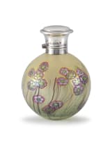An Isle of Wight iridescent purple and green glass and silver-mounted perfume bottle, possibly Timothy Harris, WW, with import marks for London, 1961, .925 sterling