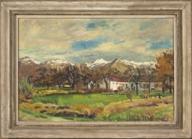 Robert Broadley; Farm Landscape with Snow Capped Mountains