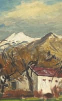 Robert Broadley; Farm Landscape with Snow Capped Mountains