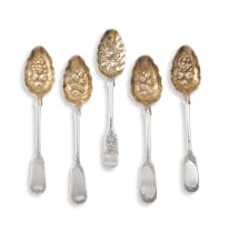 Five Victorian silver-gilt 'Fiddle' pattern berry spoons, Elizabeth Eaton and Richard Britton, London, 1838 - 1846