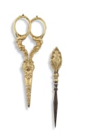 Pair of gold needlework scissors and an awl, possibly French, 19th century