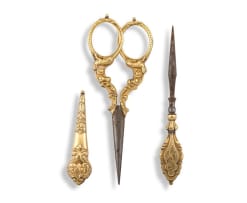 Pair of gold needlework scissors and an awl, possibly French, 19th century